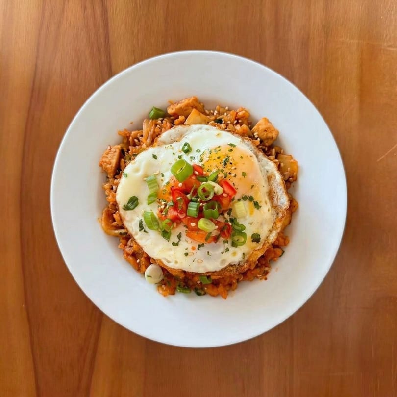 Kimchi fried rice with chicken, topped with a fried egg, green onions, and red peppers.