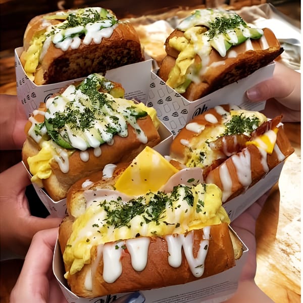 Hands holding multiple Korean egg toast sandwiches with scrambled eggs, avocado, bacon, cheese, and sauces.