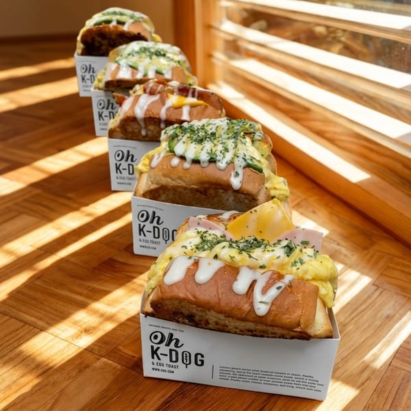 A line of Oh-K Dog & Egg Toast sandwiches with various toppings in white branded holders.